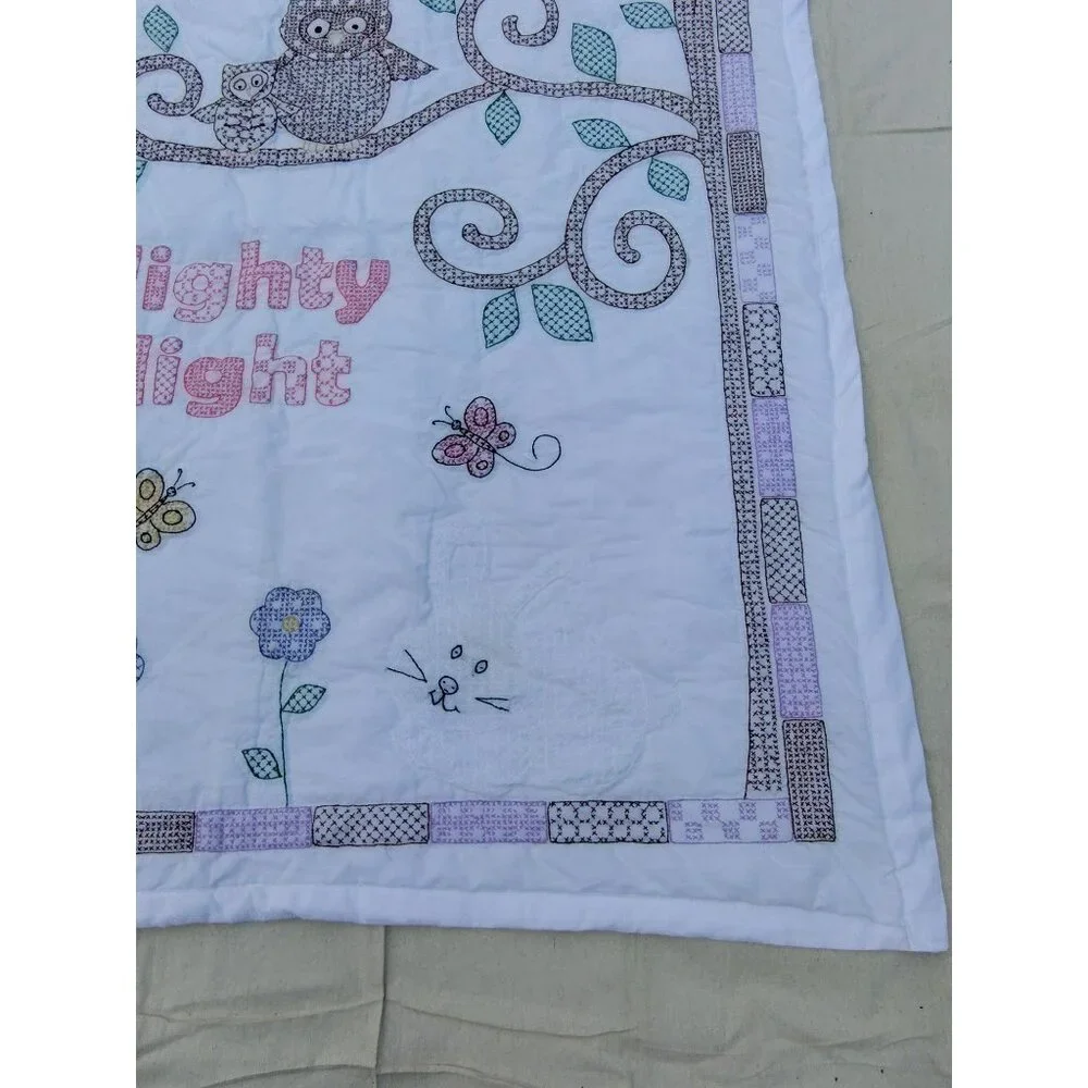 Handmade Baby Quilt, Embroidered Owl Flower Tree Nighty Night, White, 40